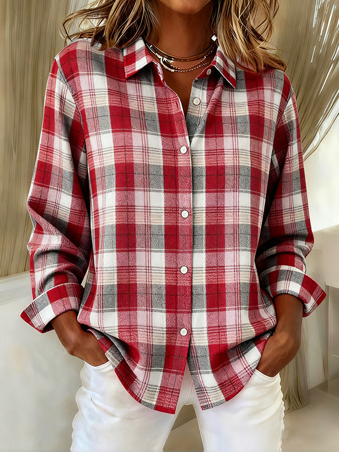 Women's Long Sleeve Shirt Spring/Fall Red Plaid Buckle Shirt Collar Regular Sleeve Daily Going Out Casual Top