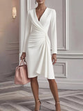 Plain Wrinkle V Neck Long Sleeve Elegant Dress