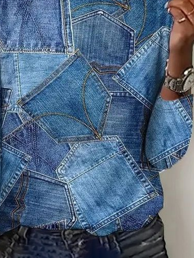 Women's Long Sleeve T-shirt Spring/Fall Blue Faux Denim Print Graphic Printing Jersey Crew Neck Daily Going Out Casual Top