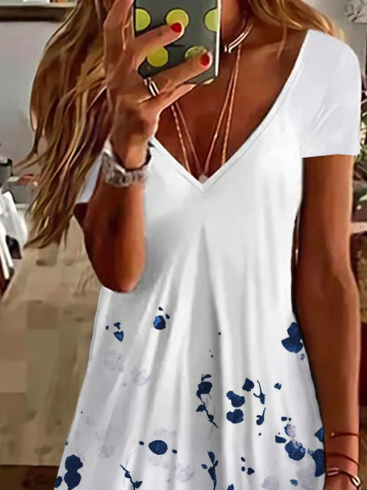 Women's Floral Spring Print Casual V Neck Short Sleeve Dress