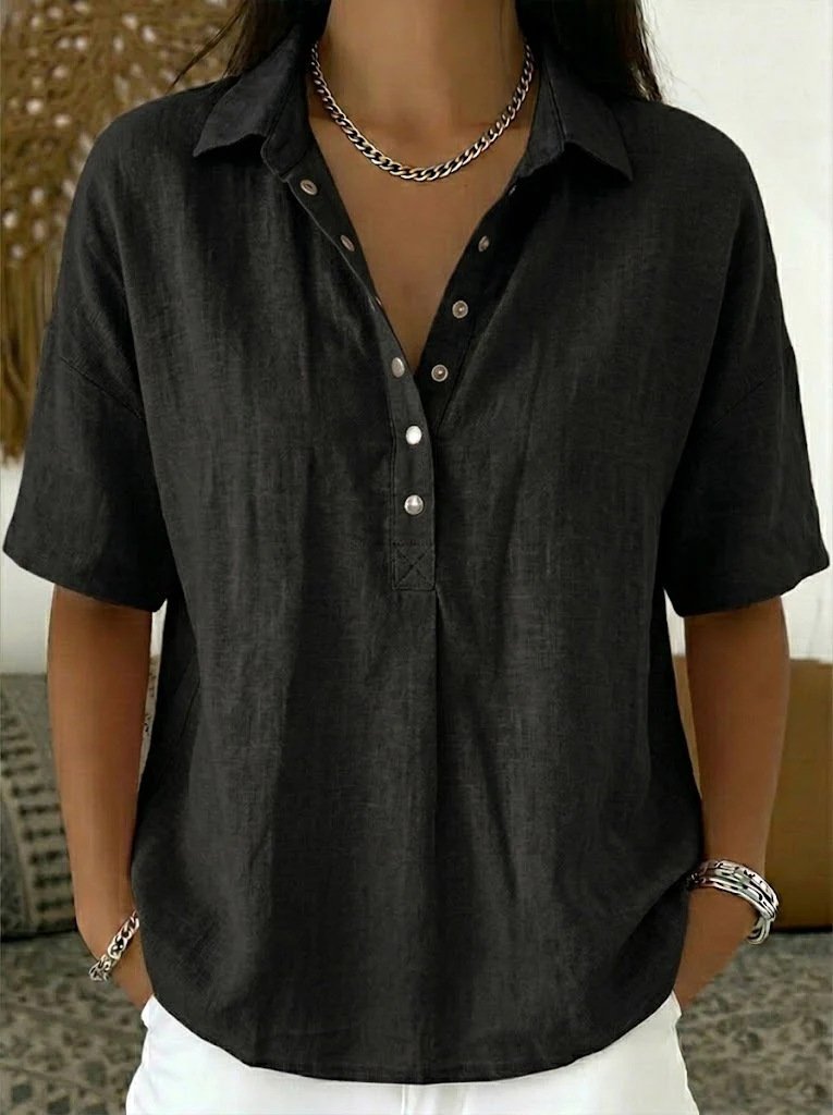 Women’s Light Blue Short Sleeve V Neck Henley Shirt Loose Fit Linen Casual Polo Blouse
