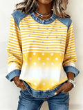Women's Abstract Stripes Print Patchwork Denim Crewneck Long-Sleeved Sweatshirt