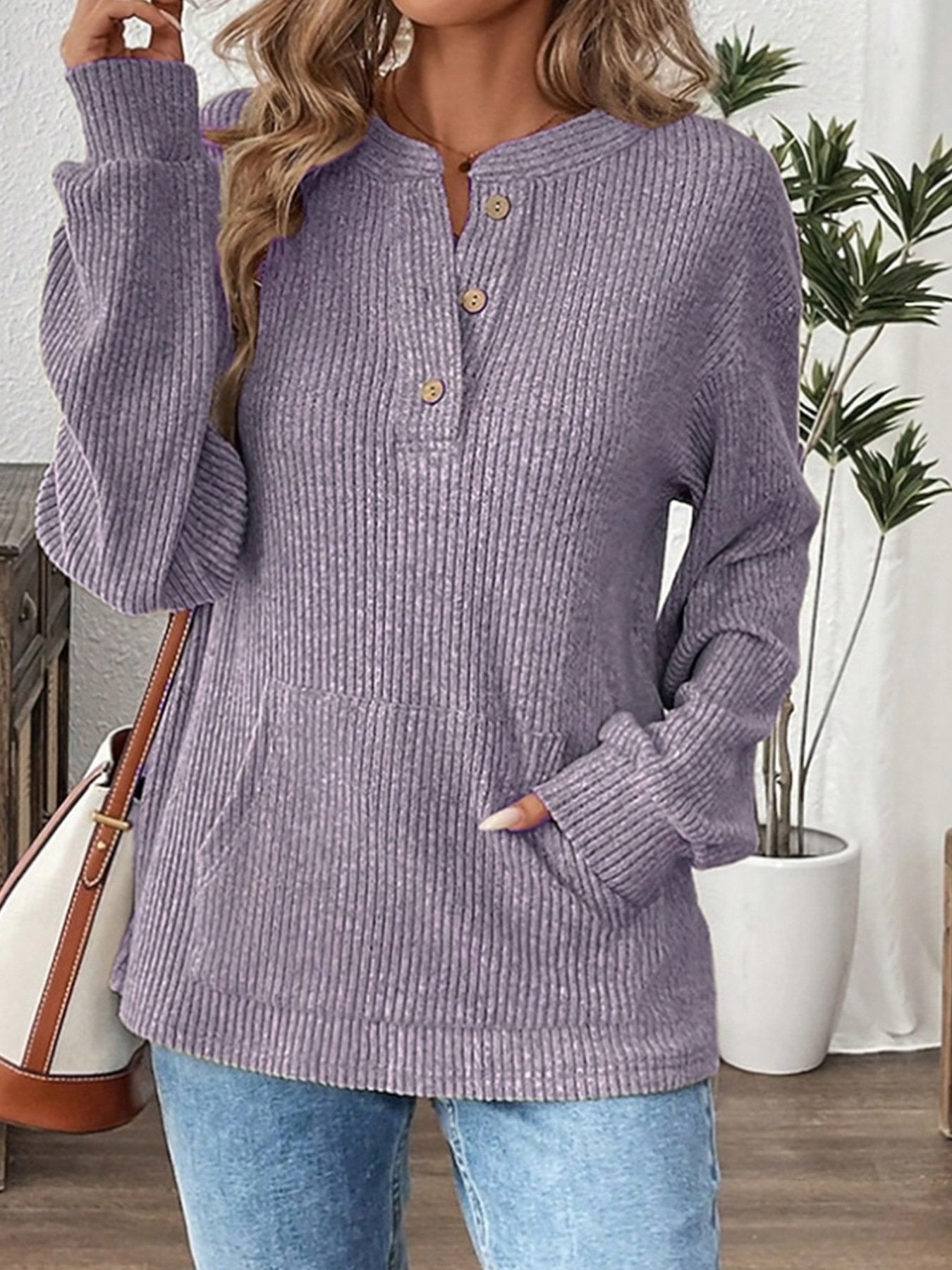 Women's Long Sleeve T-shirt Spring/Fall Aqua Plain Buckle Cotton-Blend V Neck Daily Going Out Casual Top