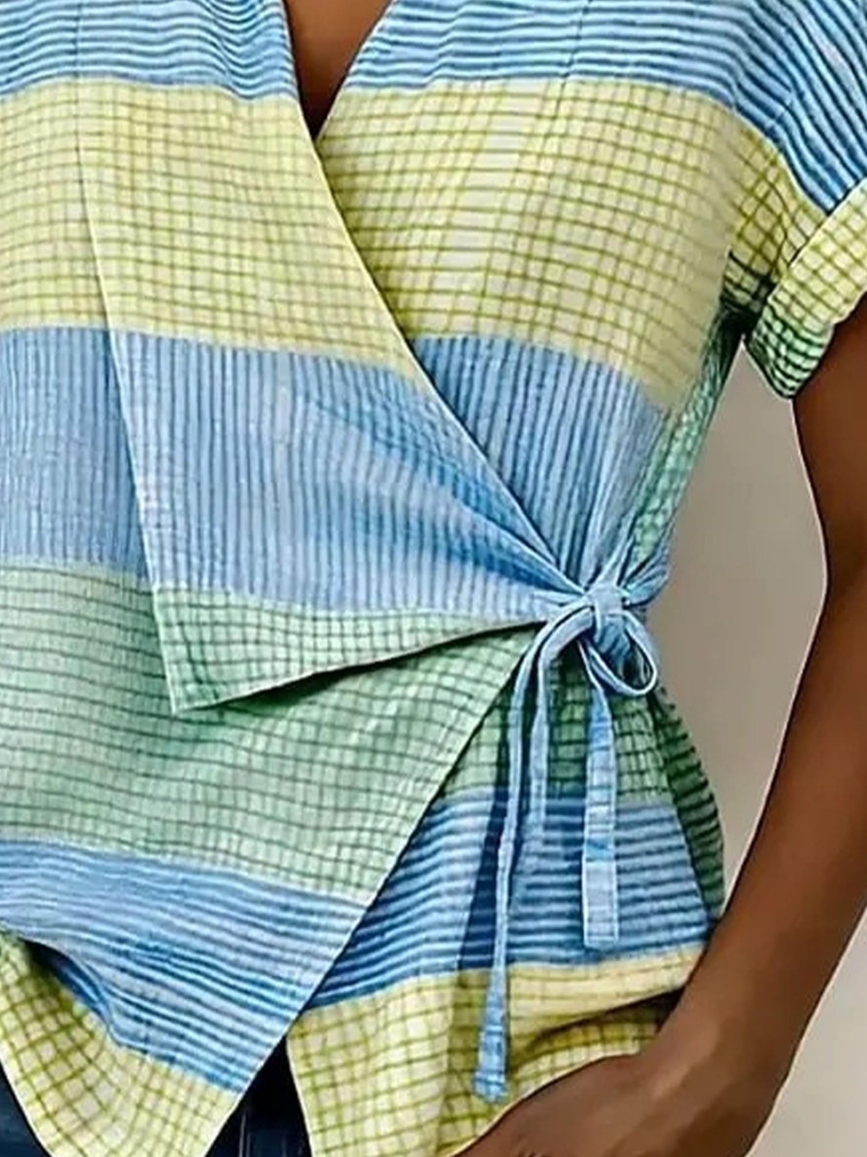 Cotton And Linen Colorful Geometric Printed Wrap Detail V Neck Short Sleeve Irregularly Shaped Hem Casual Blouse
