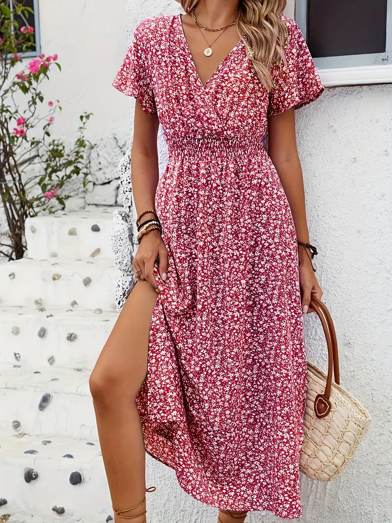 Floral Printed V Neck Short Sleeve Smock Detail Spring Summer Casual Maxi Dress