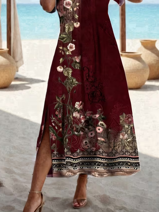 Women's Short Sleeve Summer Wine Red Floral Printing Crew Neck Daily Going Out Casual Maxi H-Line T-Shirt Dress Dress