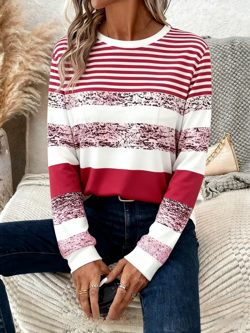 Women's Long Sleeve T-shirt Spring/Fall Red Abstract Stripes Printing Jersey Crew Neck Daily Going Out Casual Top
