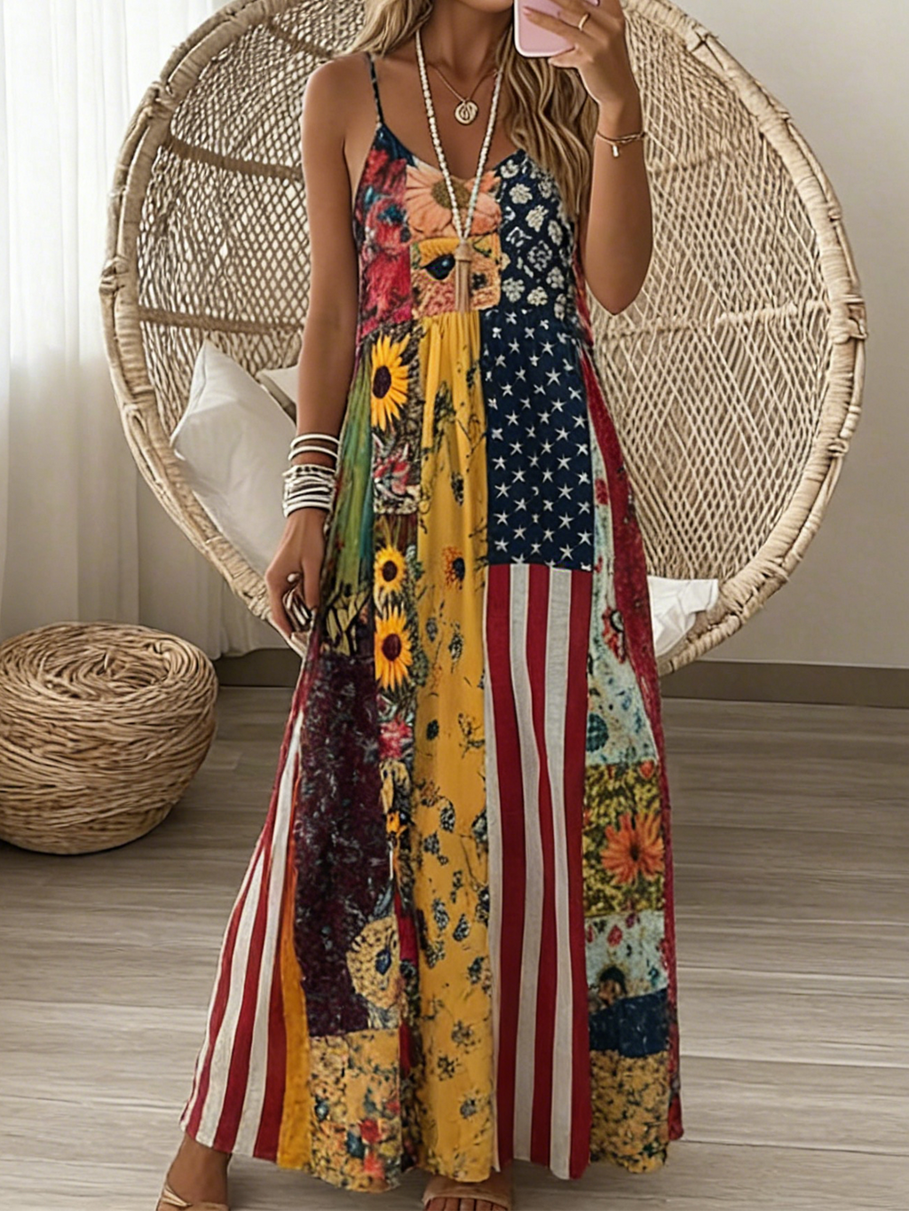 Geometric Loose V Neck Vintage Dress With No