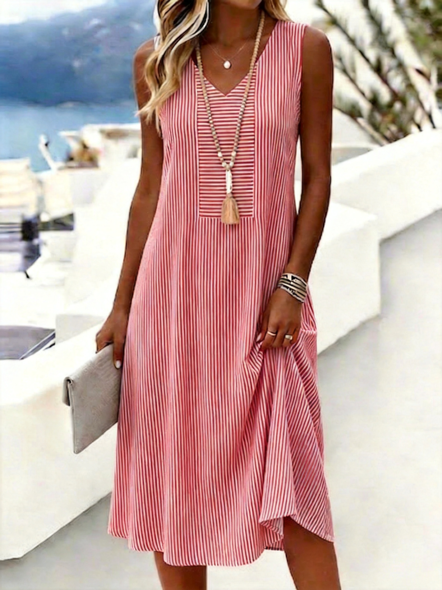 Blue White Striped Sleeveless V-Neck Swing Dress Casual Summer Loose Dress