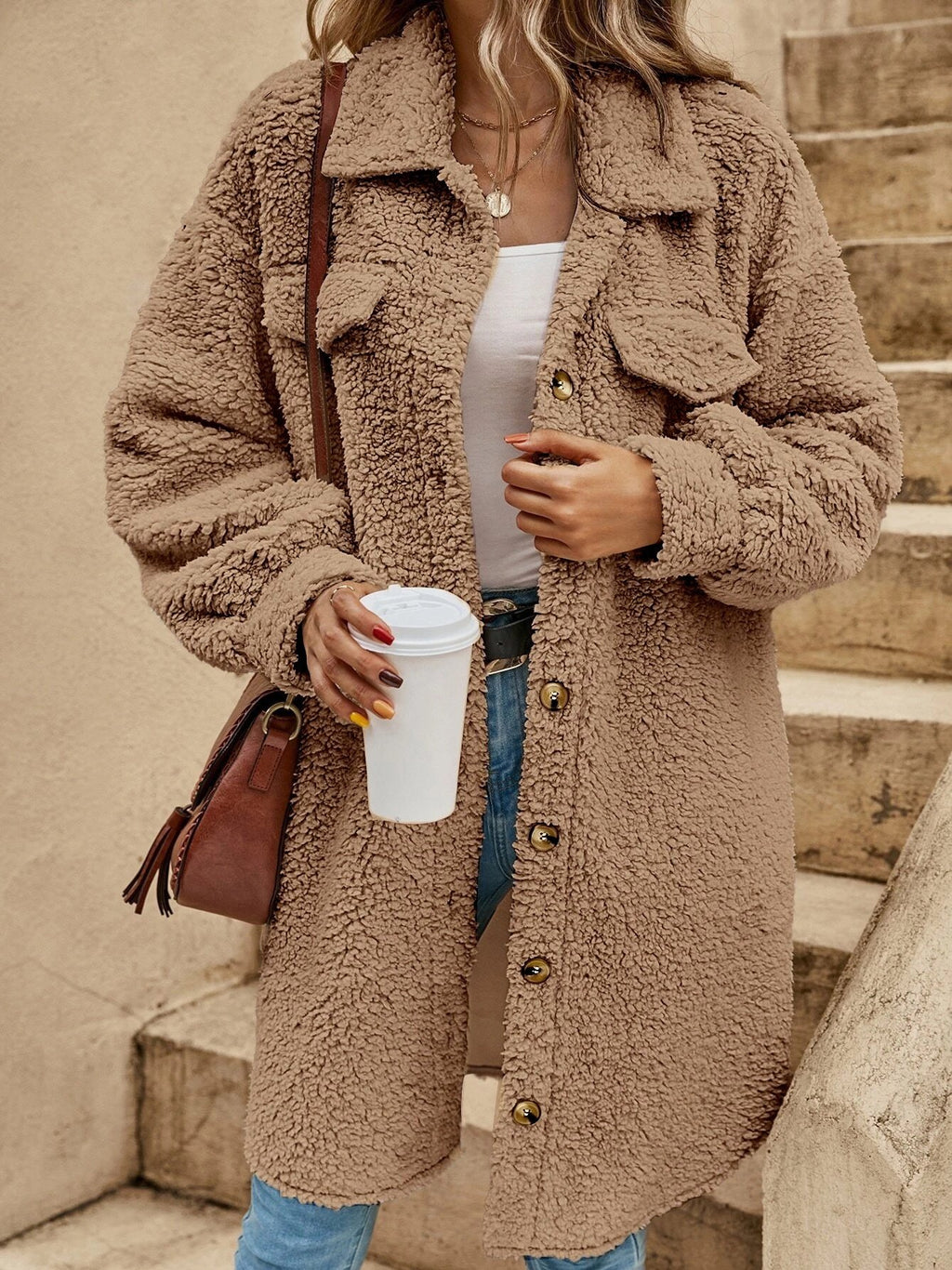 Fluff/Granular Fleece Fabric Plain Shawl Collar Elegant Coat
