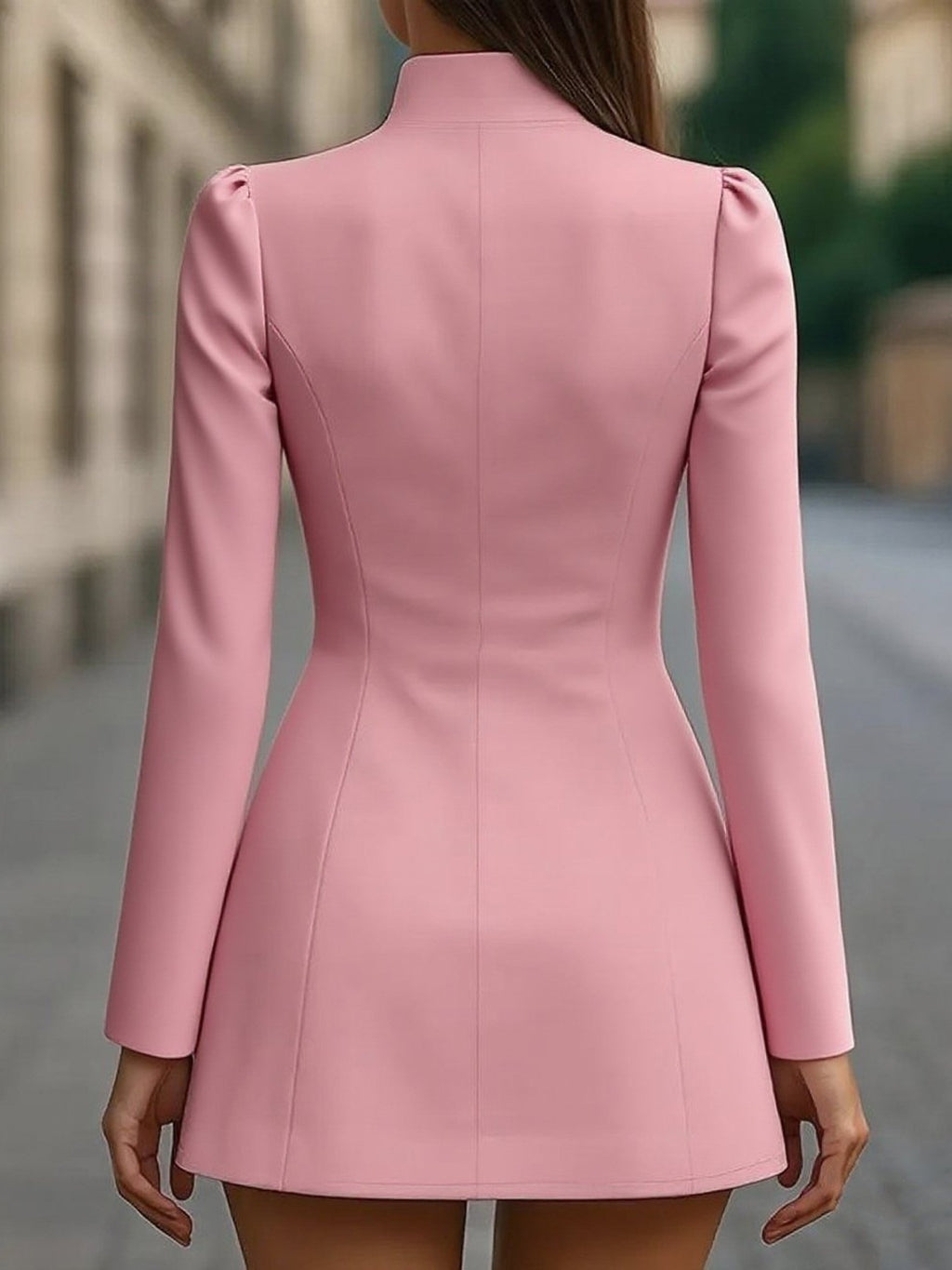 Elegant Plain Long Sleeve Stand Collar Button Dress