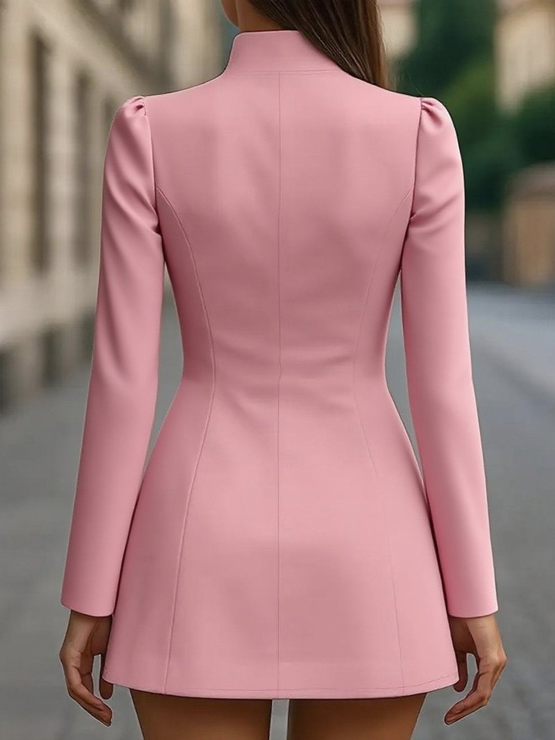 Elegant Plain Long Sleeve Stand Collar Button Dress