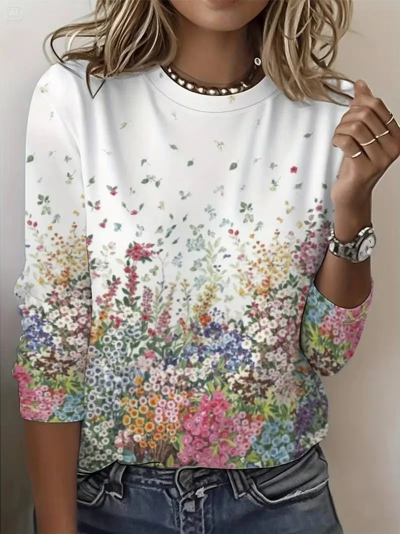 Women's Long Sleeve T-shirt Spring/Fall White Floral Printing Jersey Crew Neck Daily Going Out Casual Top