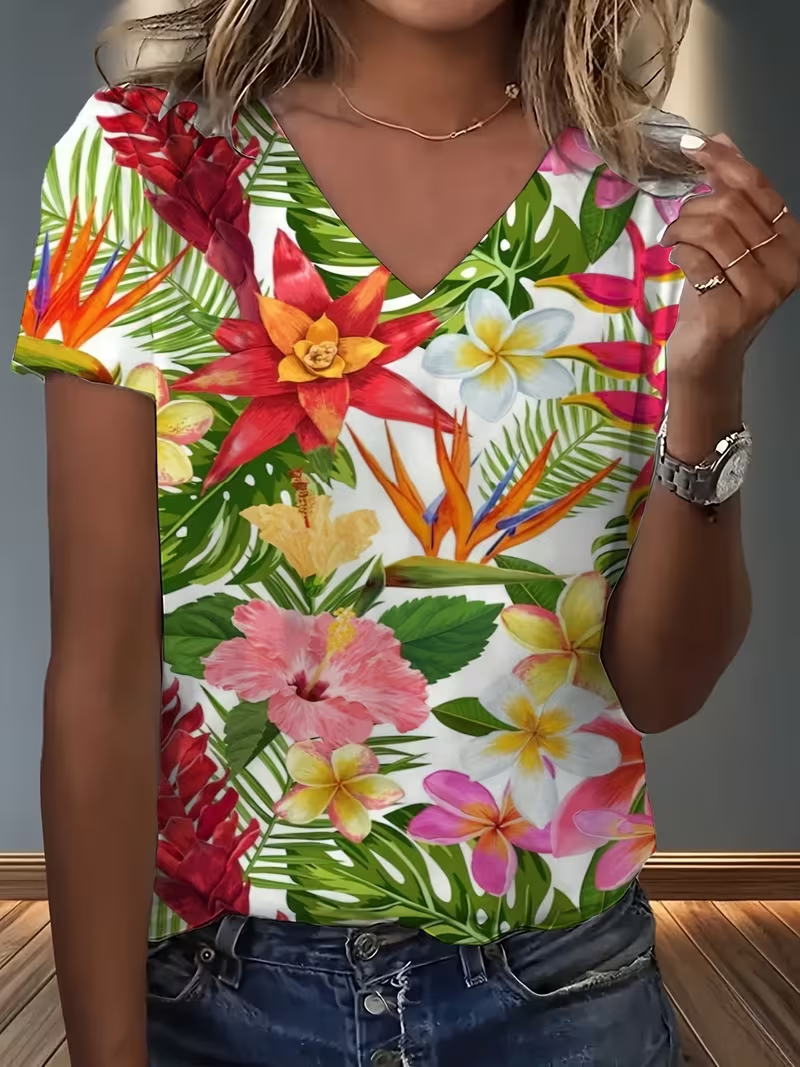Women's Short Sleeve T-shirt Summer As Picture Floral Printing V Neck Holiday Going Out Vintage Top