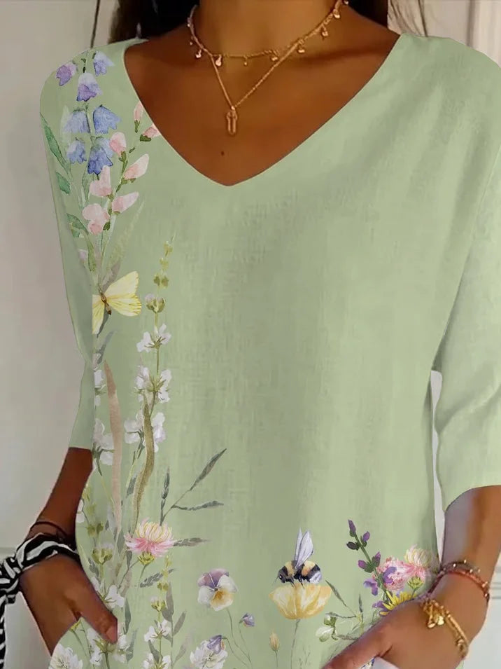 Women's Three Quarter Sleeve T-shirt Spring/Fall Green Floral Printing V Neck Daily Going Out Casual Top