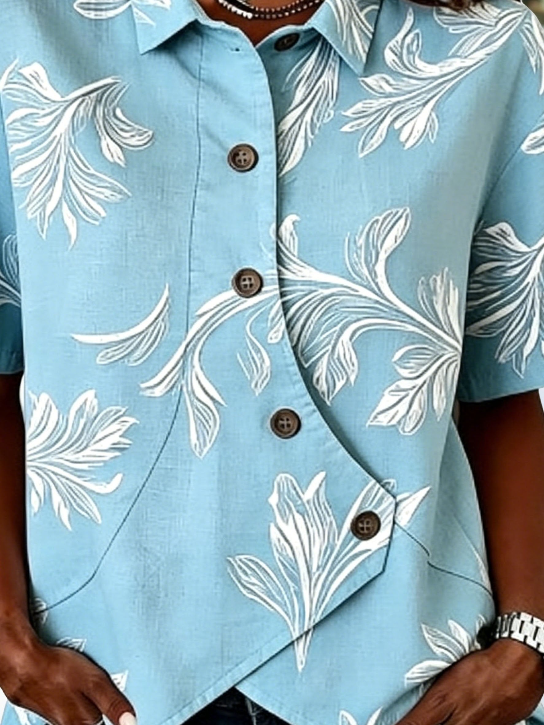 Botanical Pattern Shawl Collar Short Sleeve Asymmetry Placket Design Button Summer Going Out Casual Shirt
