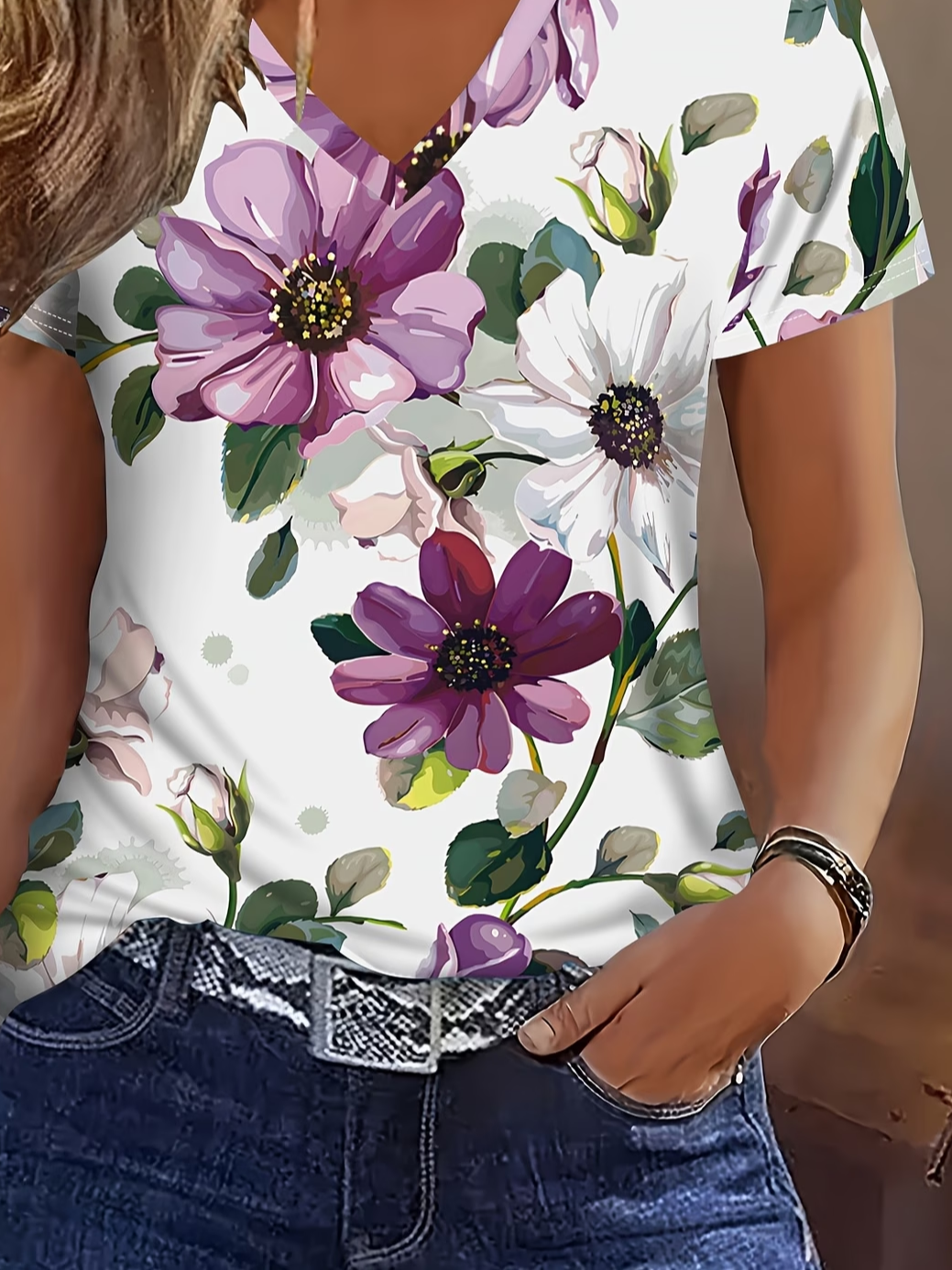 Women's Short Sleeve T-shirt Summer White Floral Printing V Neck Holiday Going Out Vintage Top