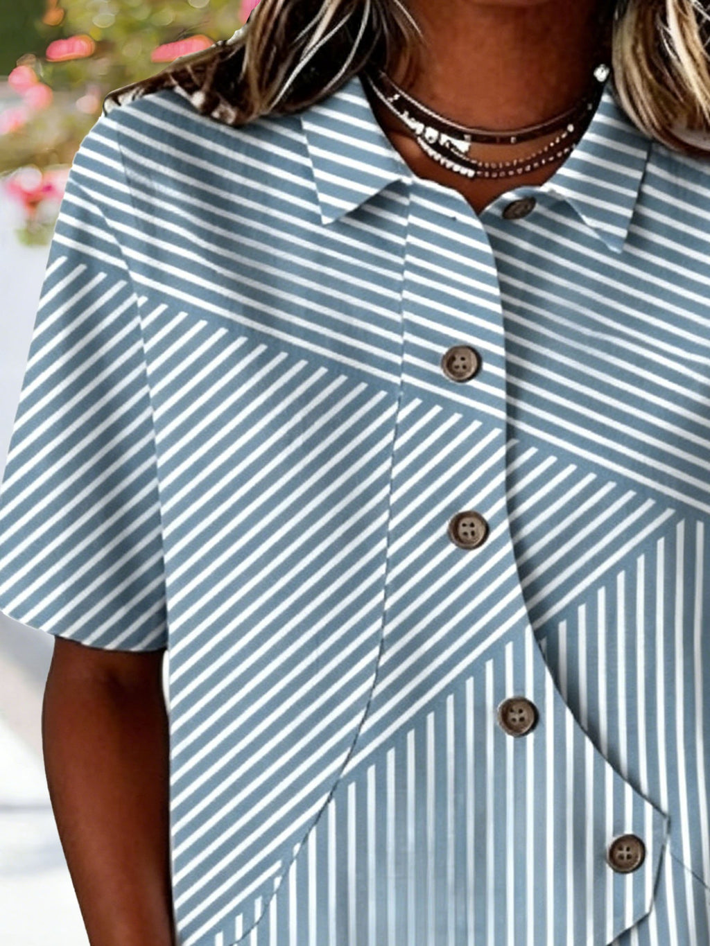 Striped Shawl Collar Short Sleeve Asymmetry Placket Design Button Summer Going Out Casual Shirt