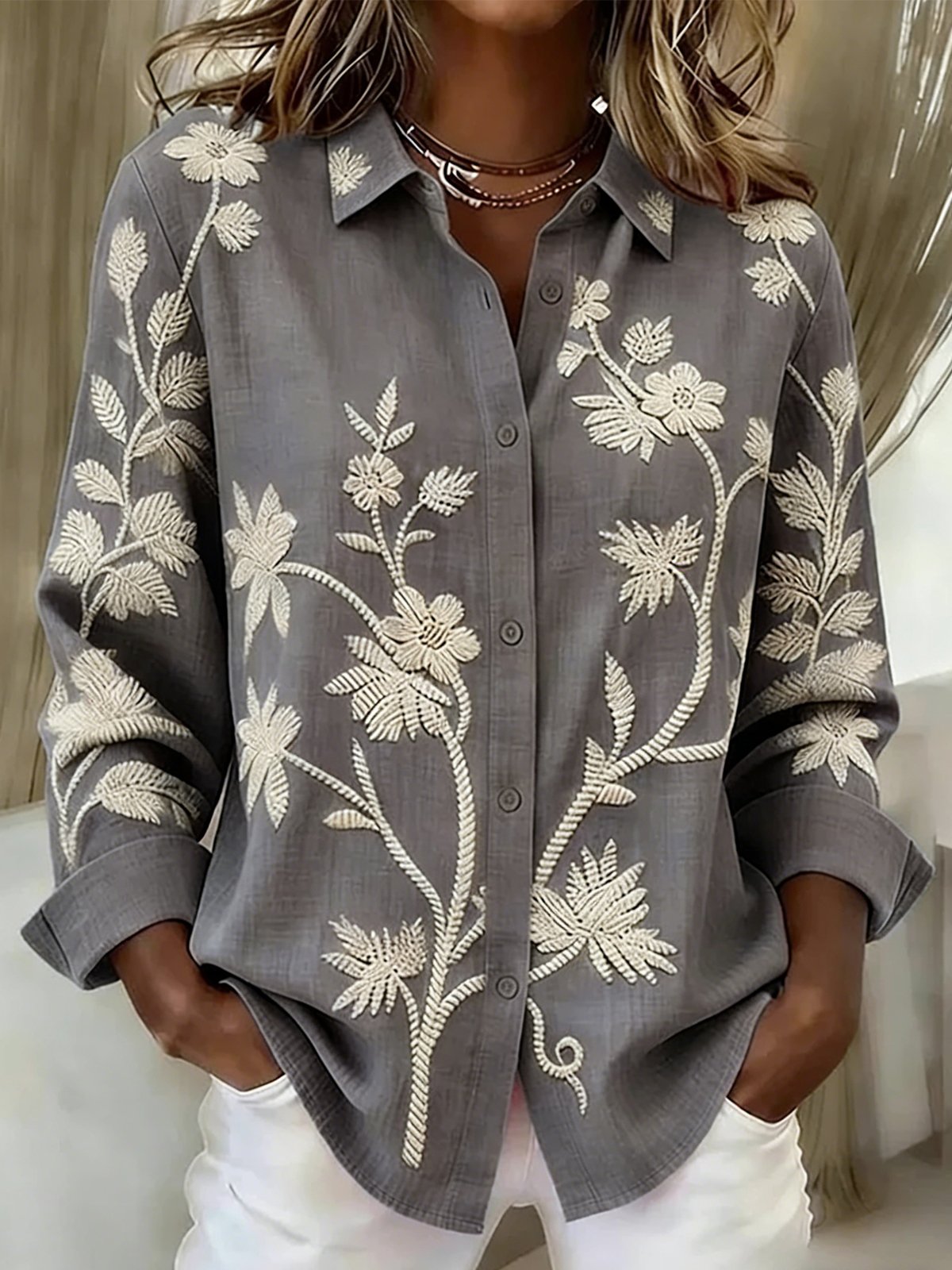 Women’s Light Blue Printed Floral Long Sleeve Button Down Collared Blouse Elegant Shirt