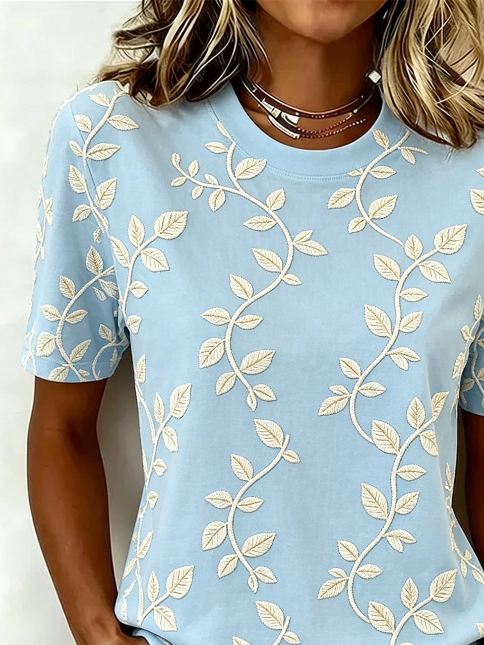 Botanical Pattern Cotton Crew Neck Casual T-Shirt