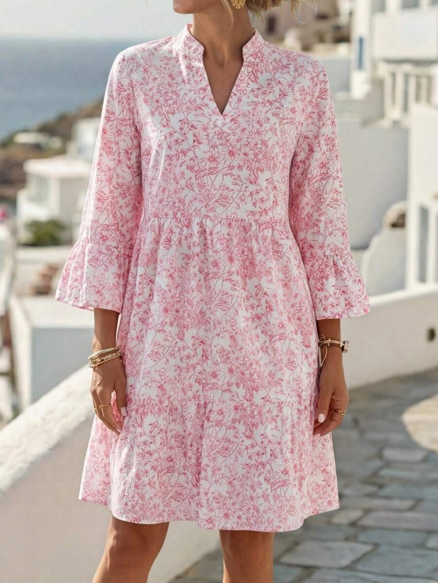 Elegant Floral V Neck 3/4 Sleeve Ruffle Tiered Mini Dress Casual Summer Flowy dress