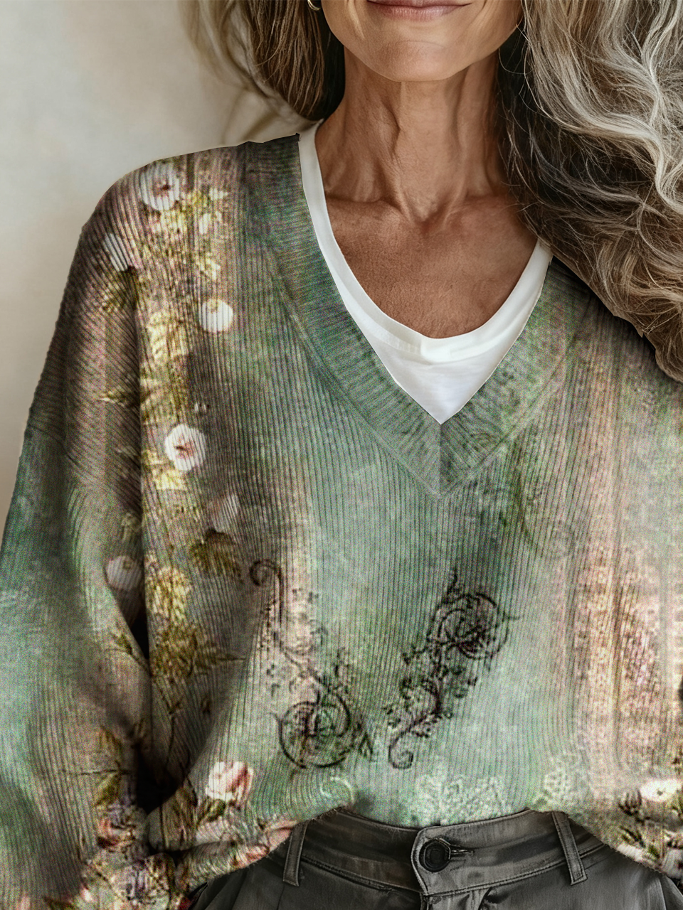 Vintage Floral Loose V Neck Sweater