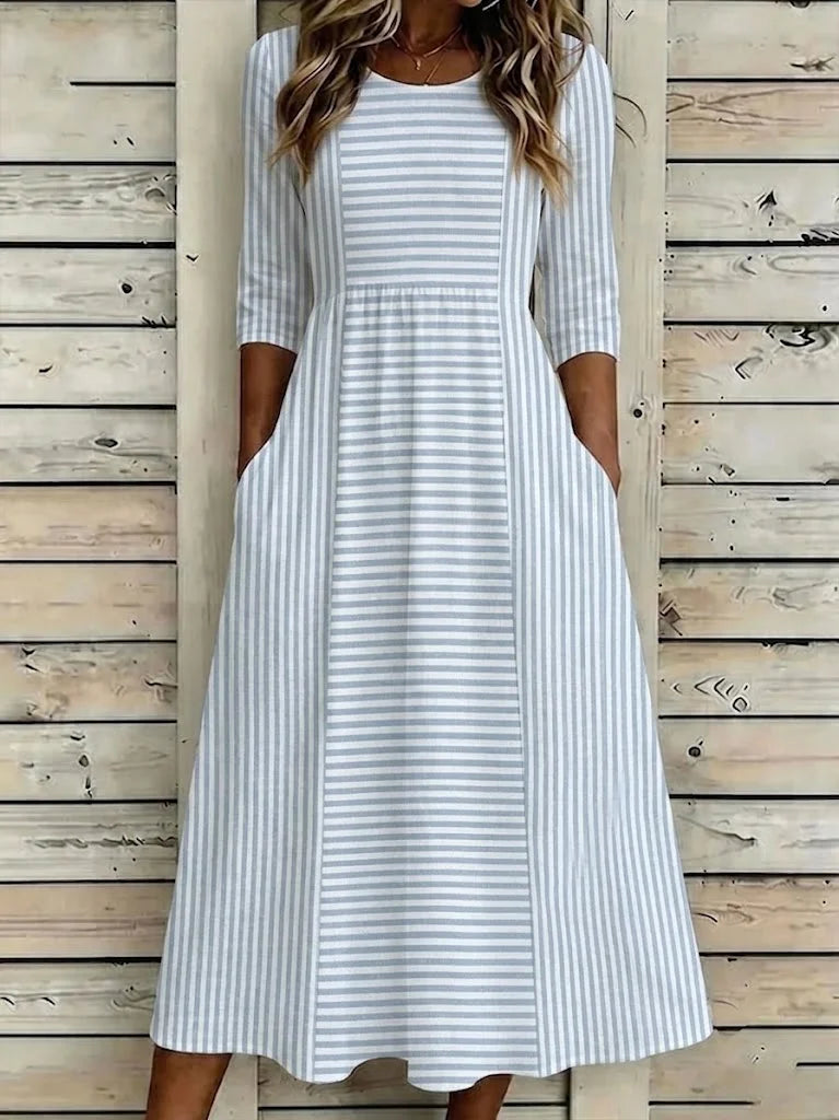 Women's Half Sleeve Summer Blue Striped Printing Crew Neck Daily Going Out Casual Maxi H-Line Dress