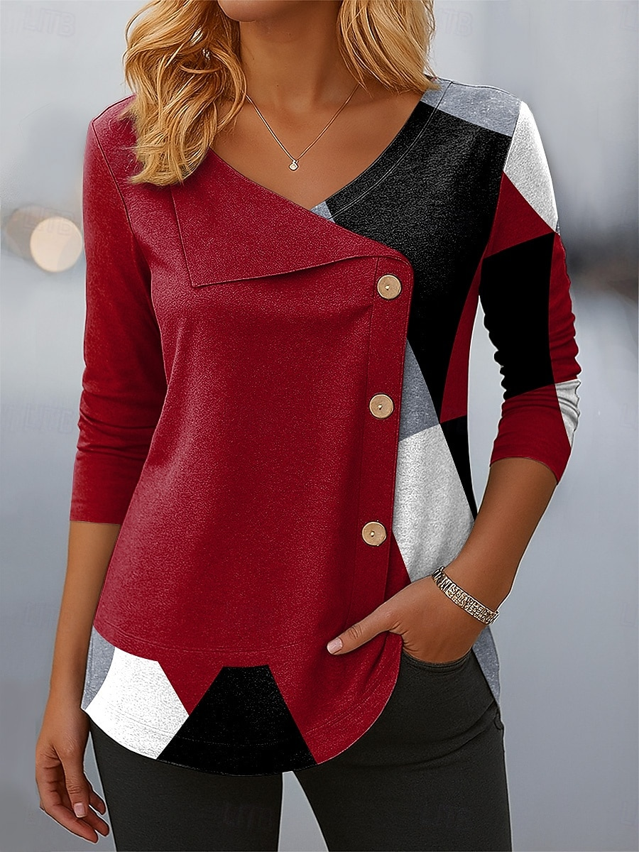 Women's Long Sleeve T-shirt Spring/Fall Red Abstract Printing V Neck Daily Going Out Casual Top