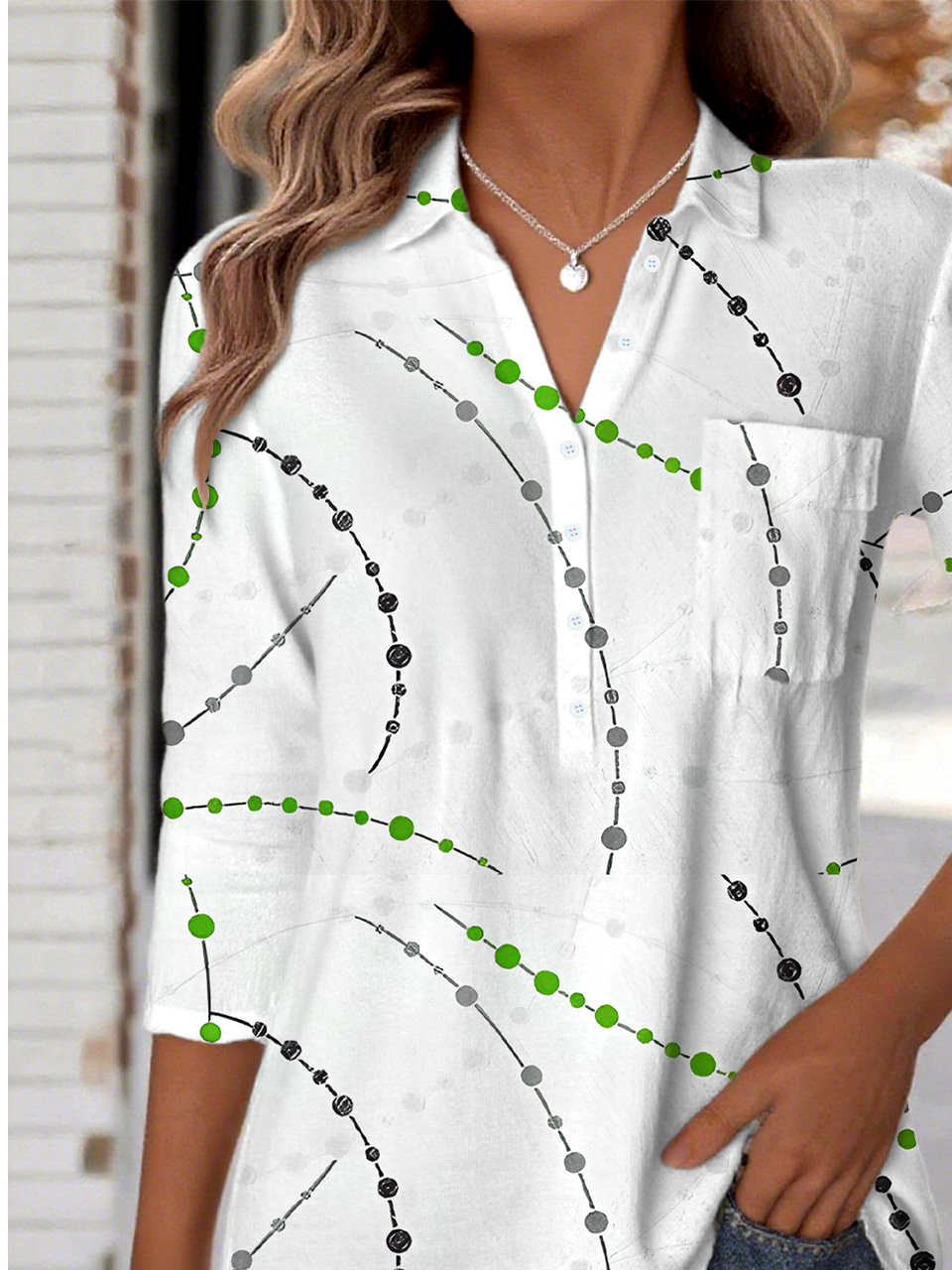 Women's Simple Line Polka Dot Pattern Patch Pocket Long Sleeve Shirt Regular Top