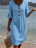 Cotton Plain V Neck Short Sleeve Button Casual Regular Fit Dress