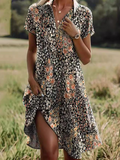 Vintage Floral V Neck Short Sleeve Midi Dress Casual Loose Flowy Shirt Dress