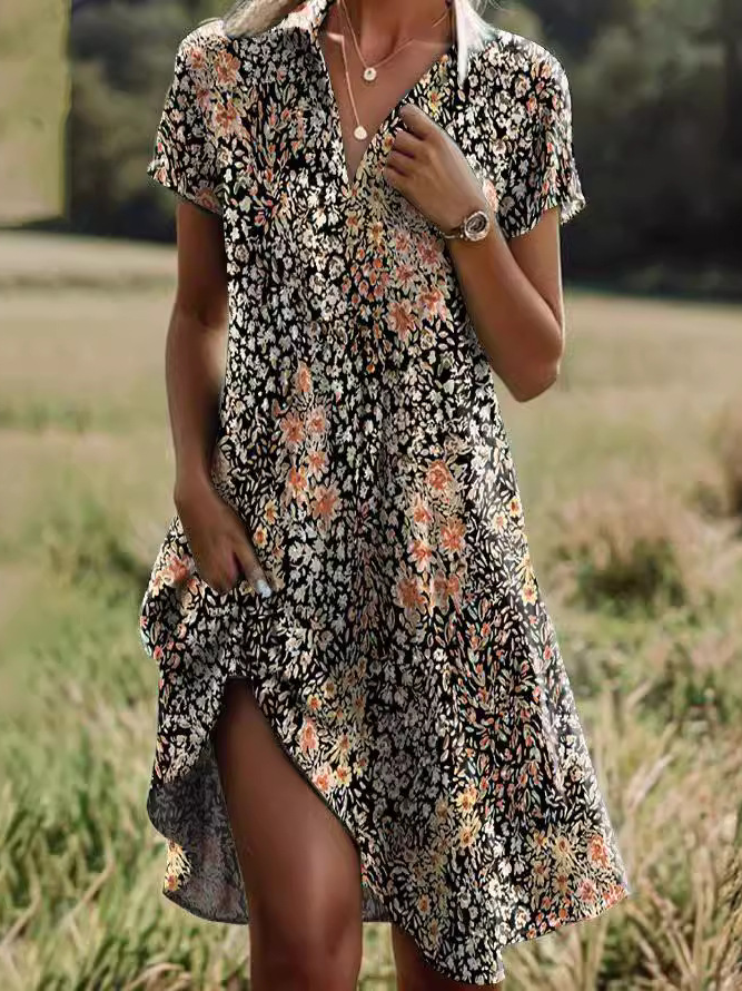 Vintage Floral V Neck Short Sleeve Midi Dress Casual Loose Flowy Shirt Dress