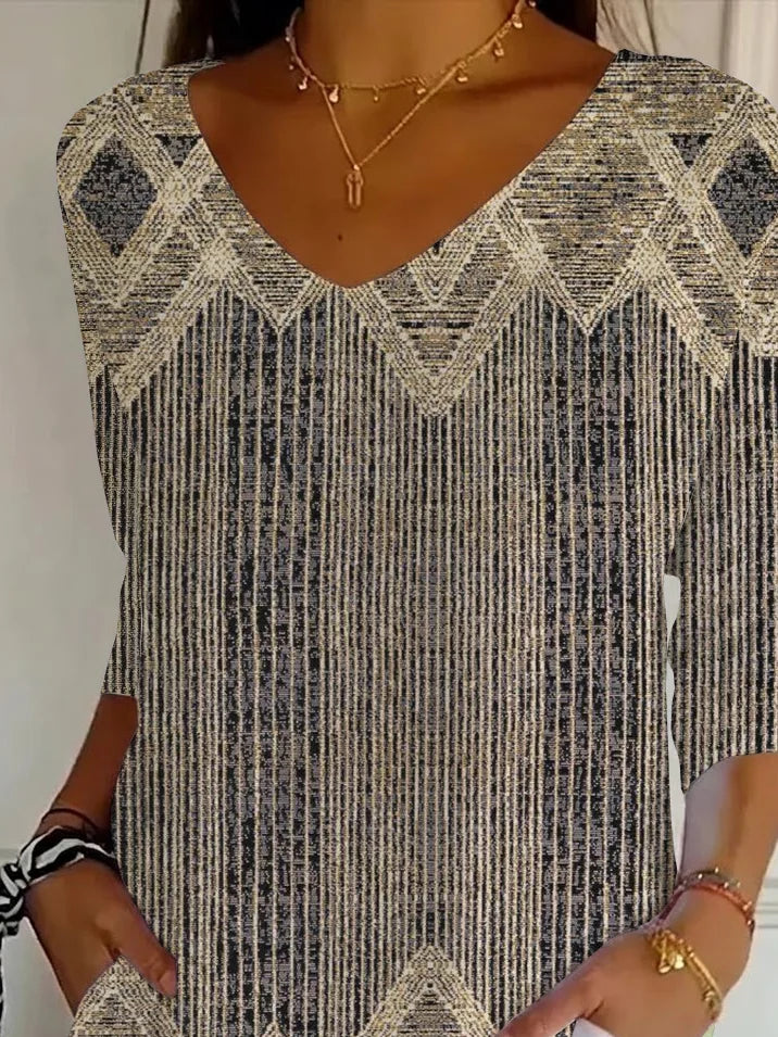 Women's Three Quarter Sleeve T-shirt Spring/Fall Brown Abstract Printing V Neck Daily Going Out Casual Top