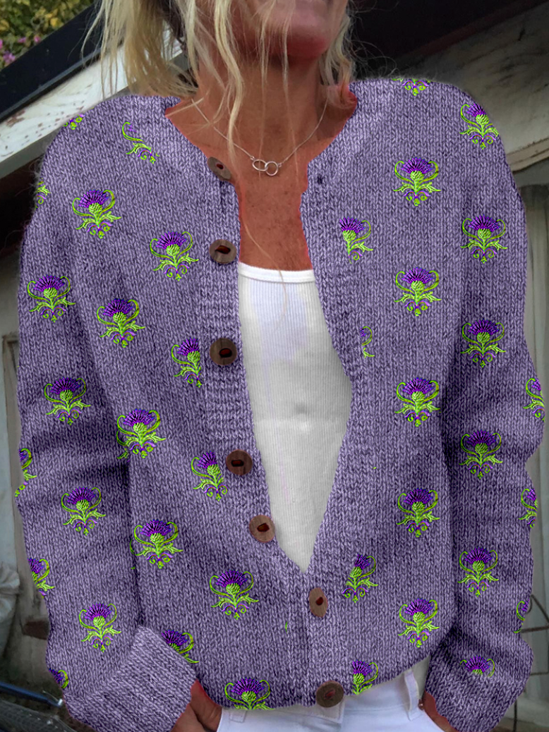 Women’s Casual Floral Spring/Fall Micro-Elastic Scottish Thistle Long Sleeve Cardigan