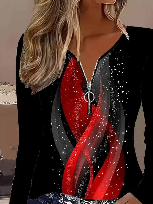 Women's Long Sleeve T-shirt Spring/Fall Black Abstract Printing V Neck Daily Going Out Vintage Top