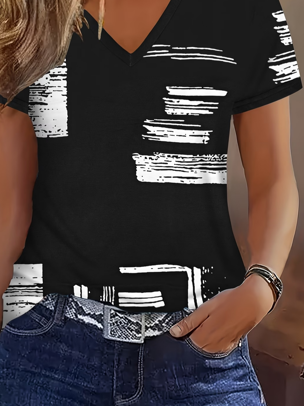 Women's Short Sleeve T-shirt Summer Black Abstract Printing V Neck Holiday Going Out Vintage Top