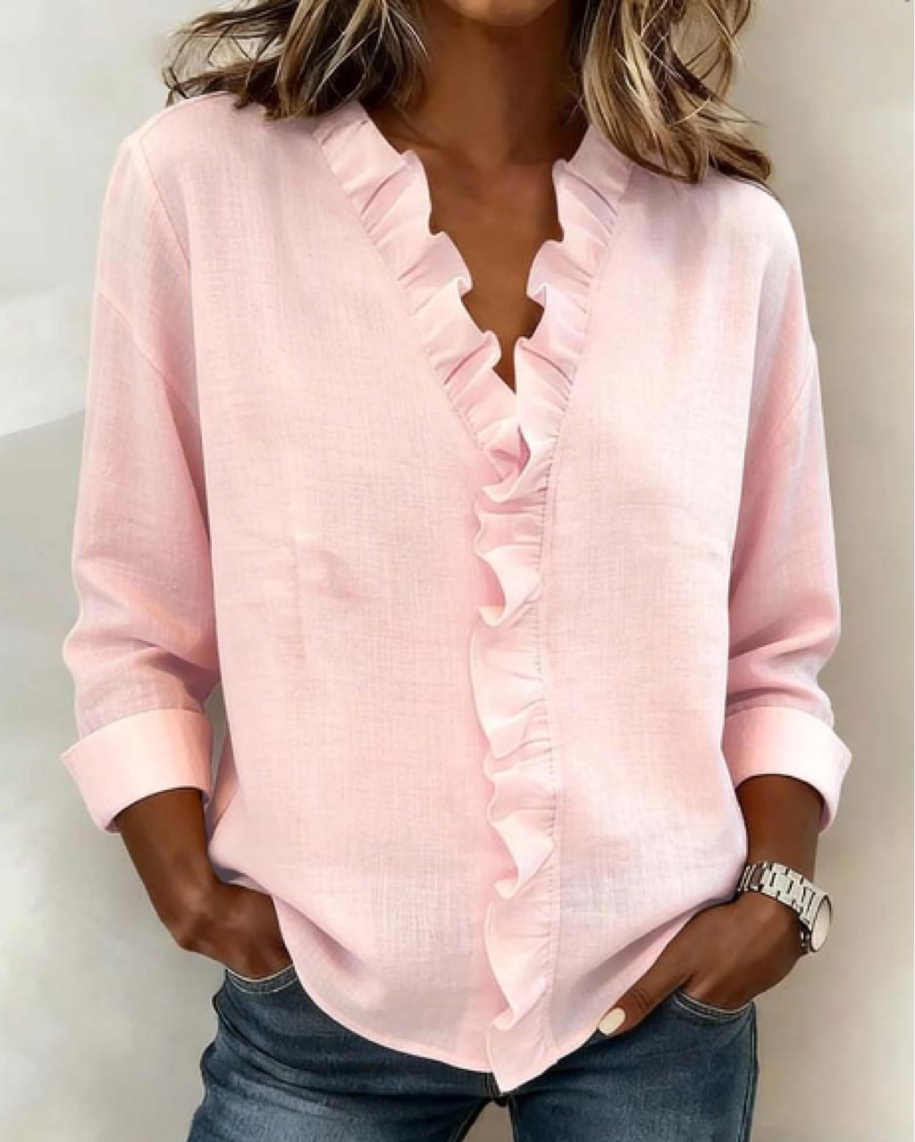 Women's Solid Color V-Neck Blouse with Ruffle Trim Long Sleeve Casual Top