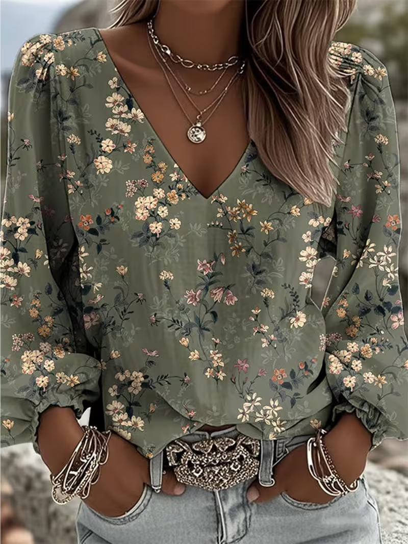 Women's Long Sleeve Blouse Spring/Fall Green Floral Printing V Neck Daily Going Out Casual Top