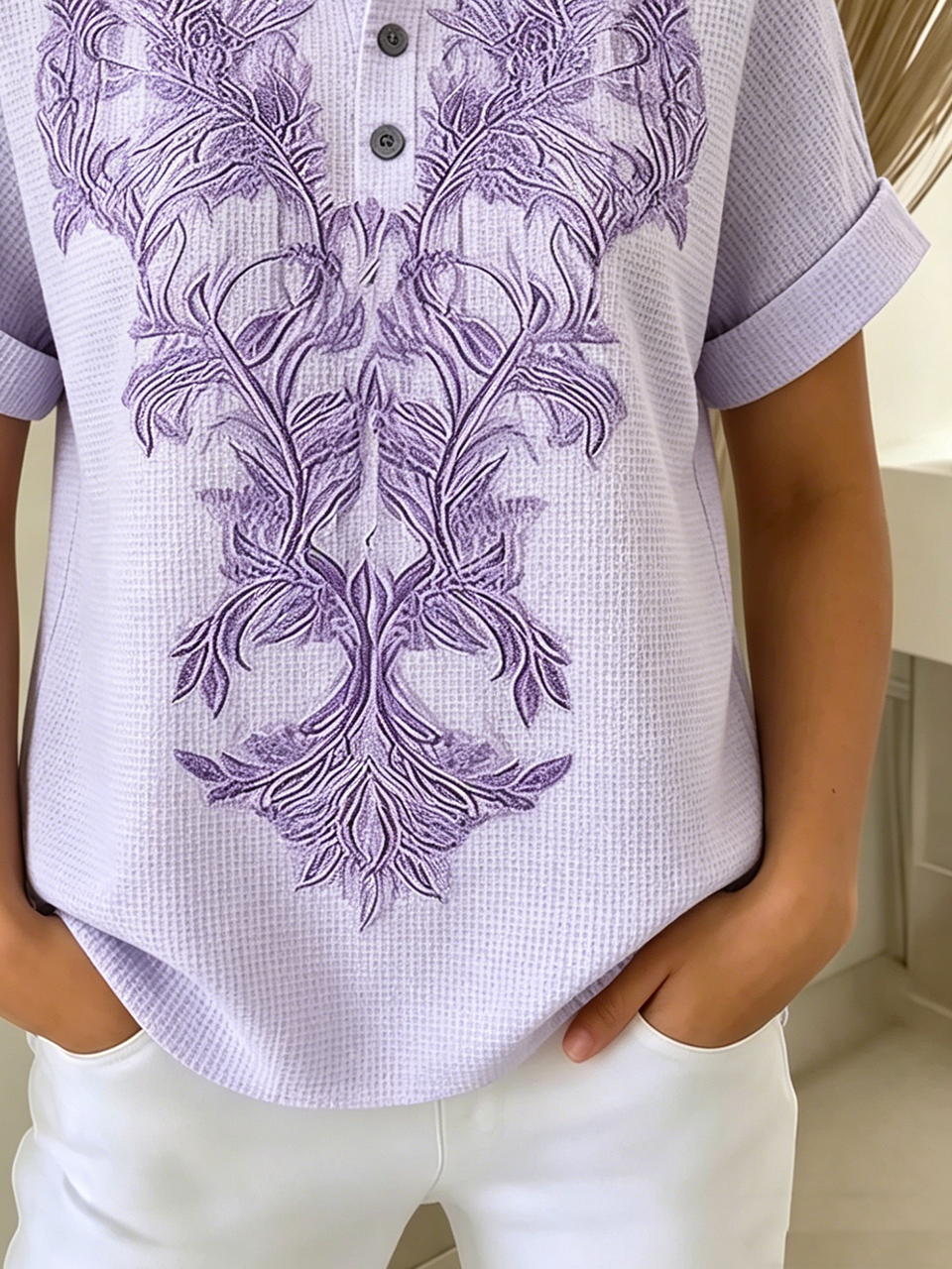 Light Purple Floral Printed Henley Neck T-Shirt