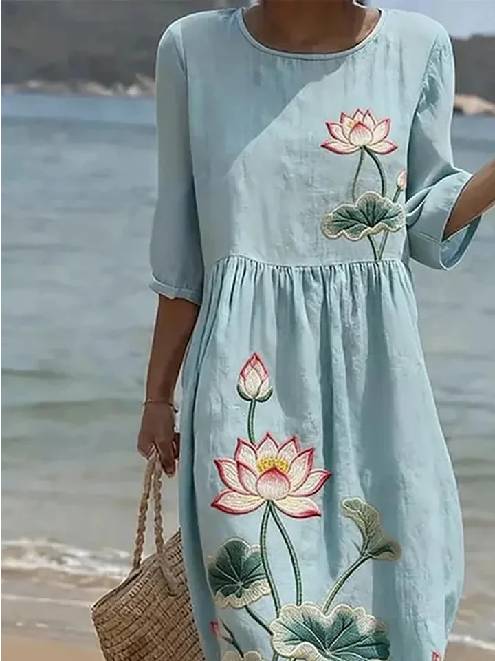 Vintage Linen Blend Loose Others Dress With No