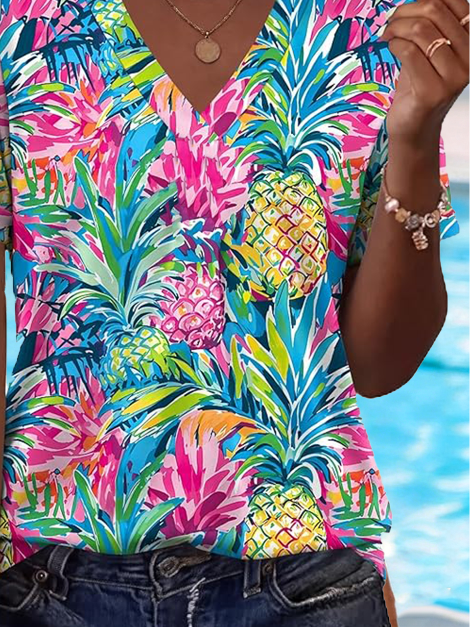 Tropical Regular Fit V Neck Elegant T-Shirt