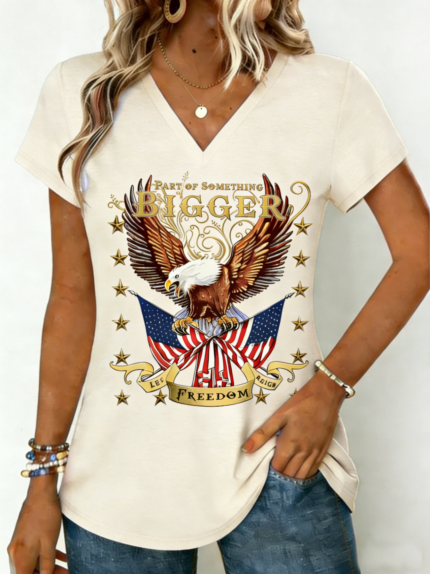 Letter Print V Neck Short Sleeve 250th Anniversary Casual T-Shirt