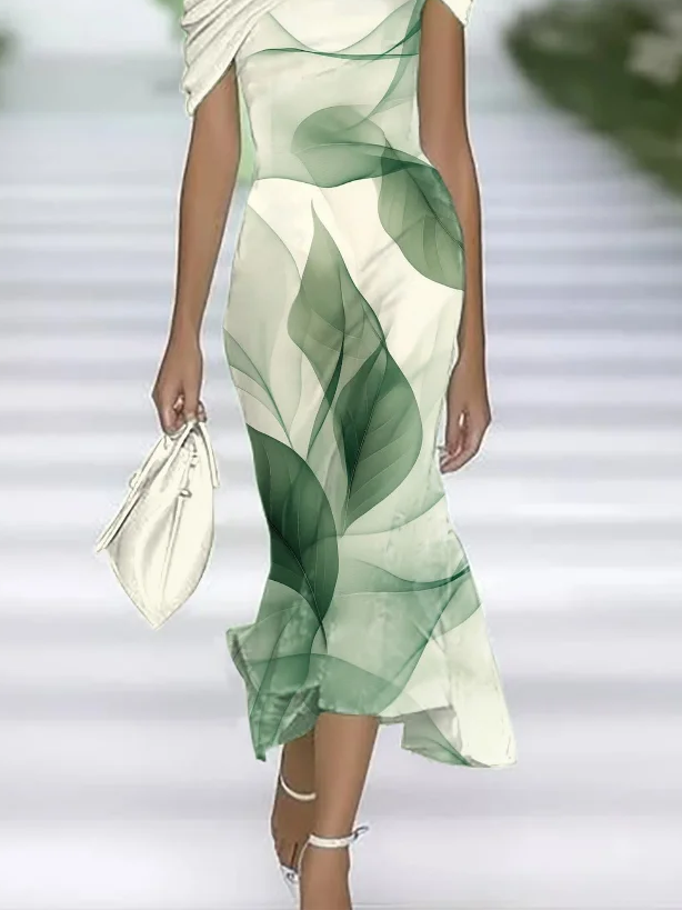 Women's Cap Sleeve Summer Green Leaf Printing Cold Shoulder Daily Going Out Vintage Maxi H-Line Dress