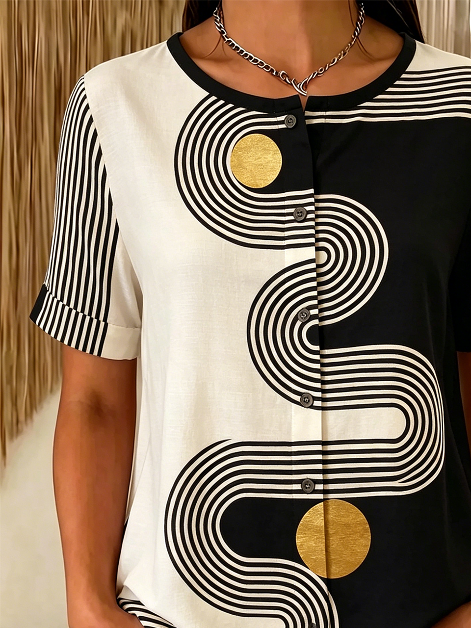 Elegant Loose Striped Crew Neck Shirt