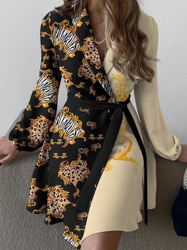 Women's Long Sleeve Spring/Fall Black Floral Split Joint V Neck Daily Going Out Vintage Mini A-Line Hip Skirt Dress