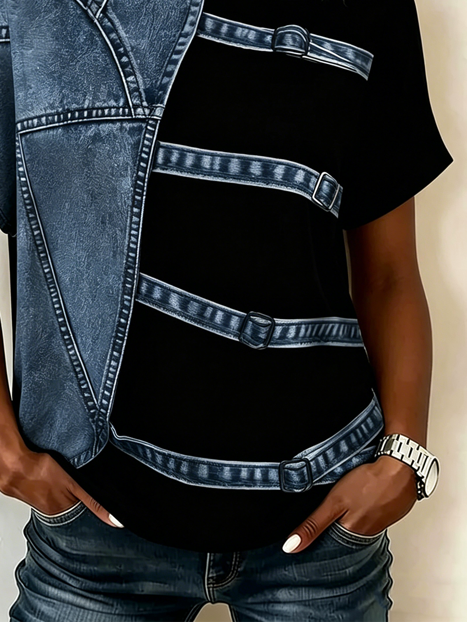 Crew Neck Casual Faux Denim Print Graphic T-Shirt