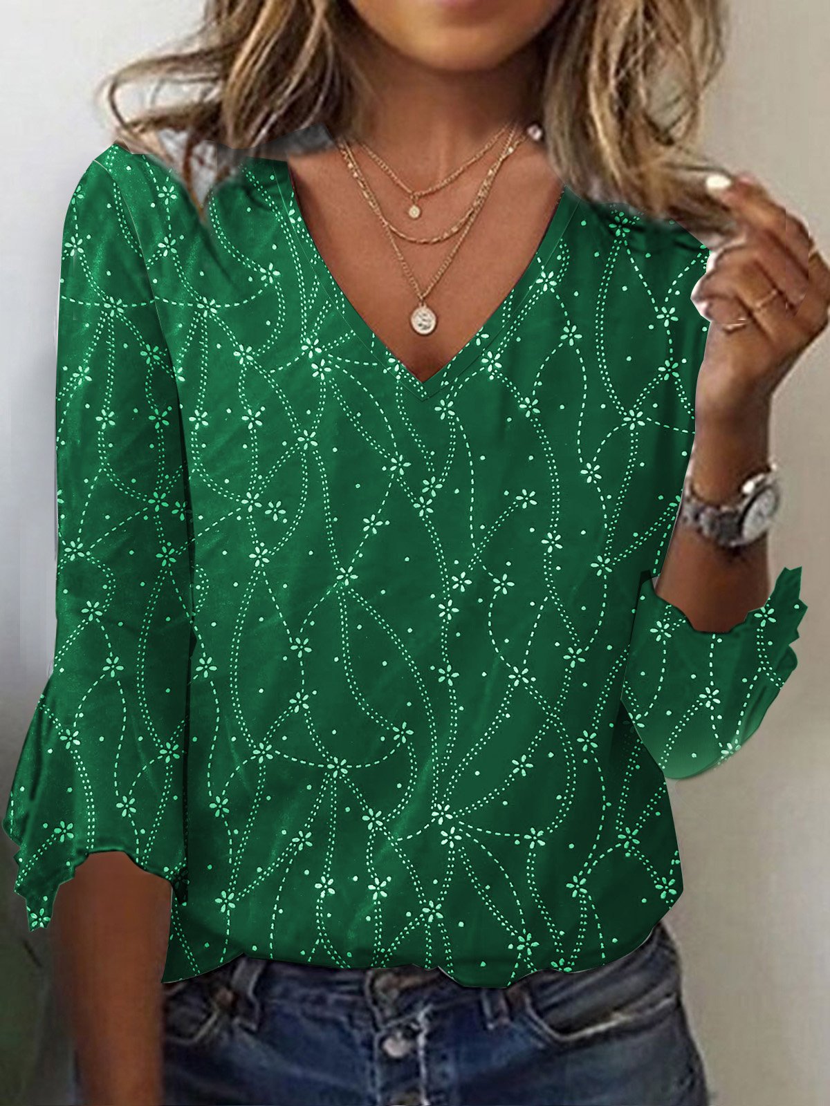 Geometric Print Velvet Casual Loose V neck Flared Cuffs Shirt