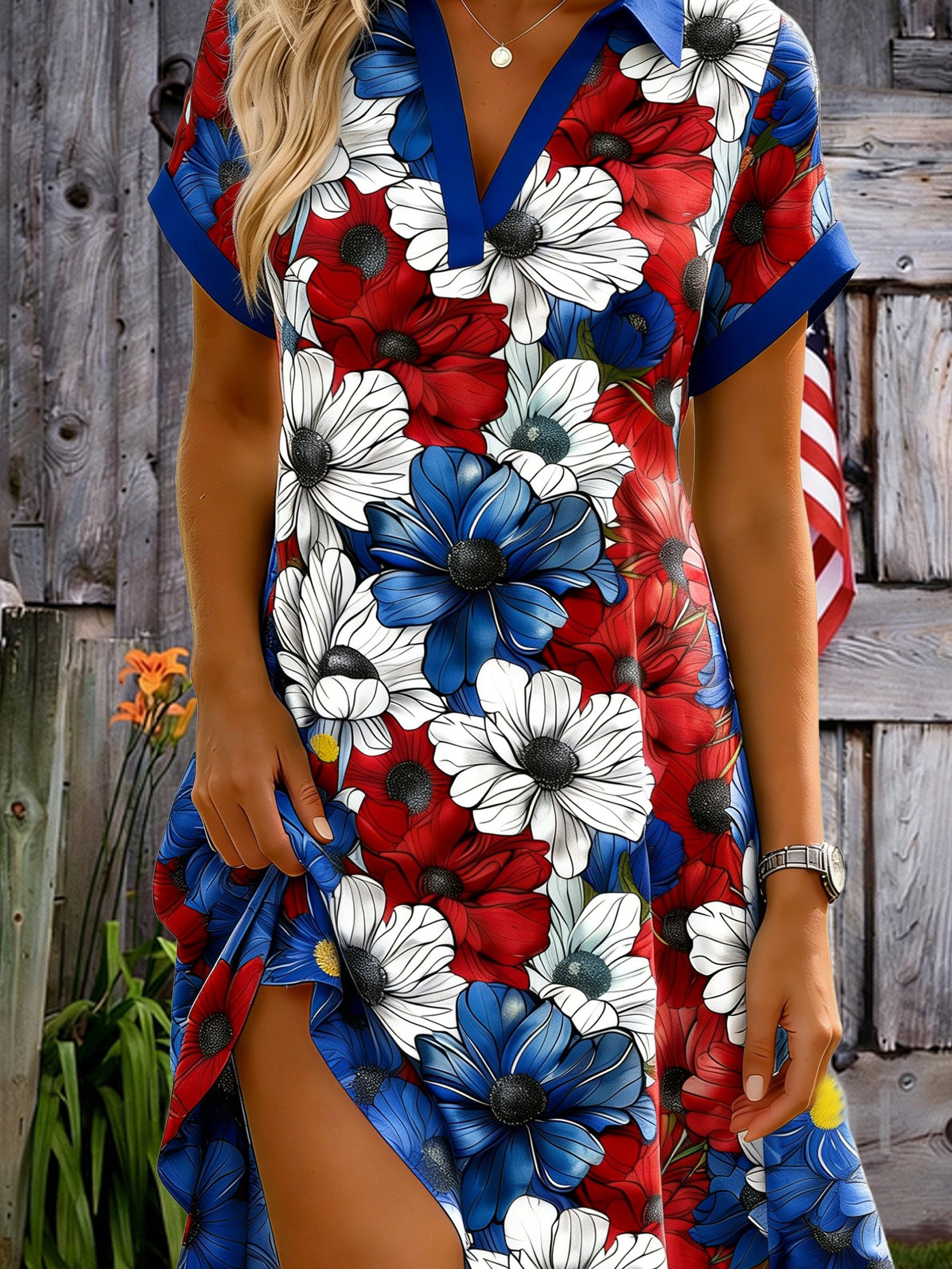 3D Printing Floral Pattern Short Sleeve V Nek 250th Anniversary Summer Casual Shirt Dress