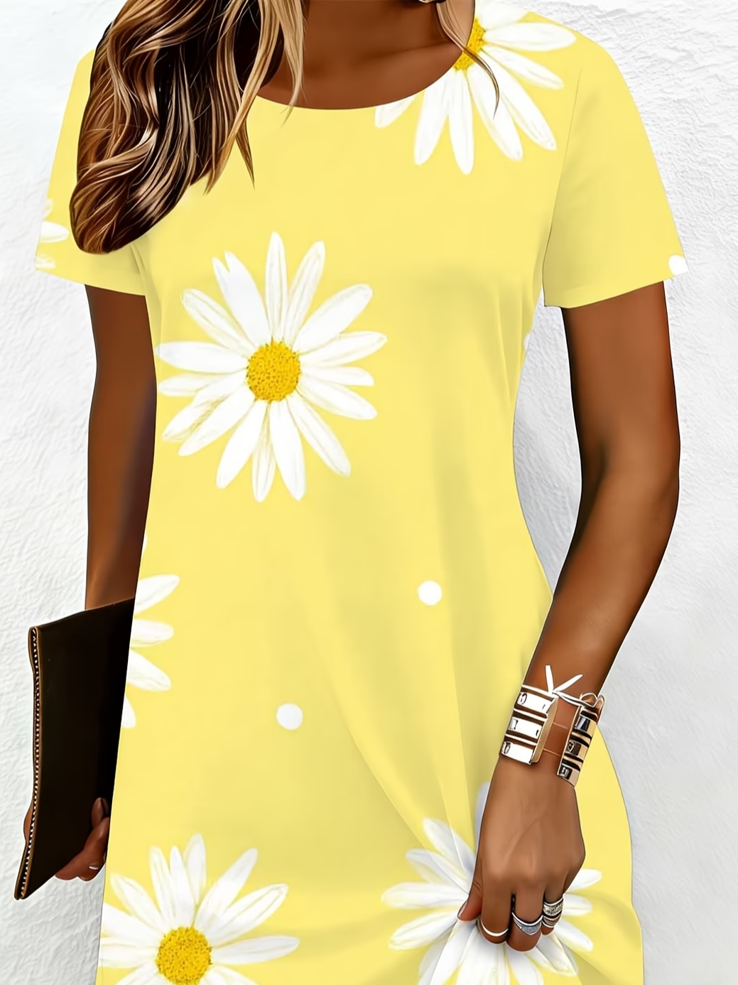 Women's Short Sleeve Summer Yellow Floral Printing Crew Neck Daily Going Out Casual Midi A-Line T-Shirt Dress Dress