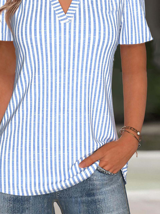 Loose V Neck Simple Striped T-Shirt